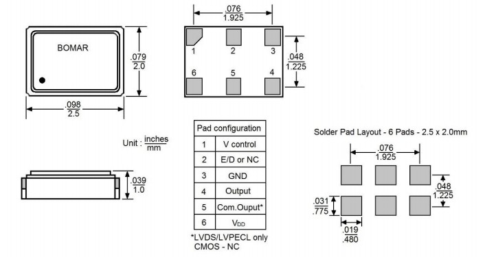 Bomar晶振,B1850-BAAS3T6N-20.000000晶振,壓控晶振